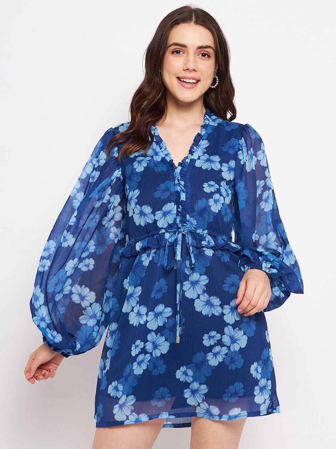 

DELAN Floral Printed V-Neck Puff Sleeve Ruffled & Tie Up Chiffon A-Line Dress, Navy blue