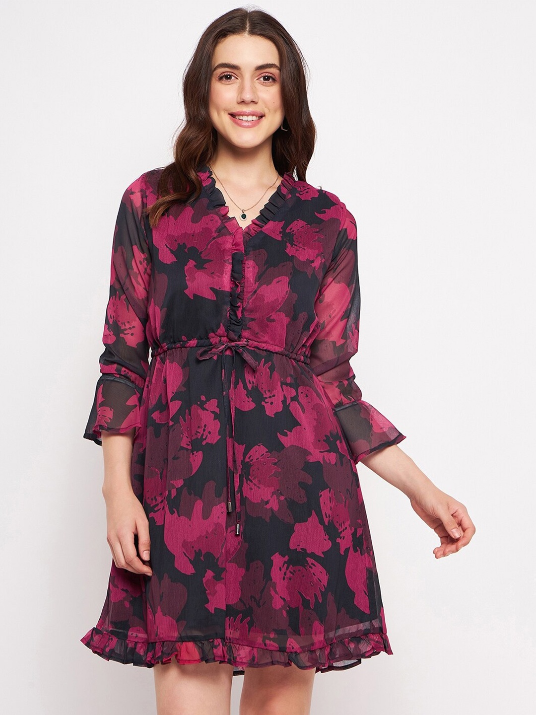 

DELAN Floral Printed V-Neck Bell Sleeve Tie-Up Ruffled & Smocked Chiffon Fit & Flare Dress, Maroon