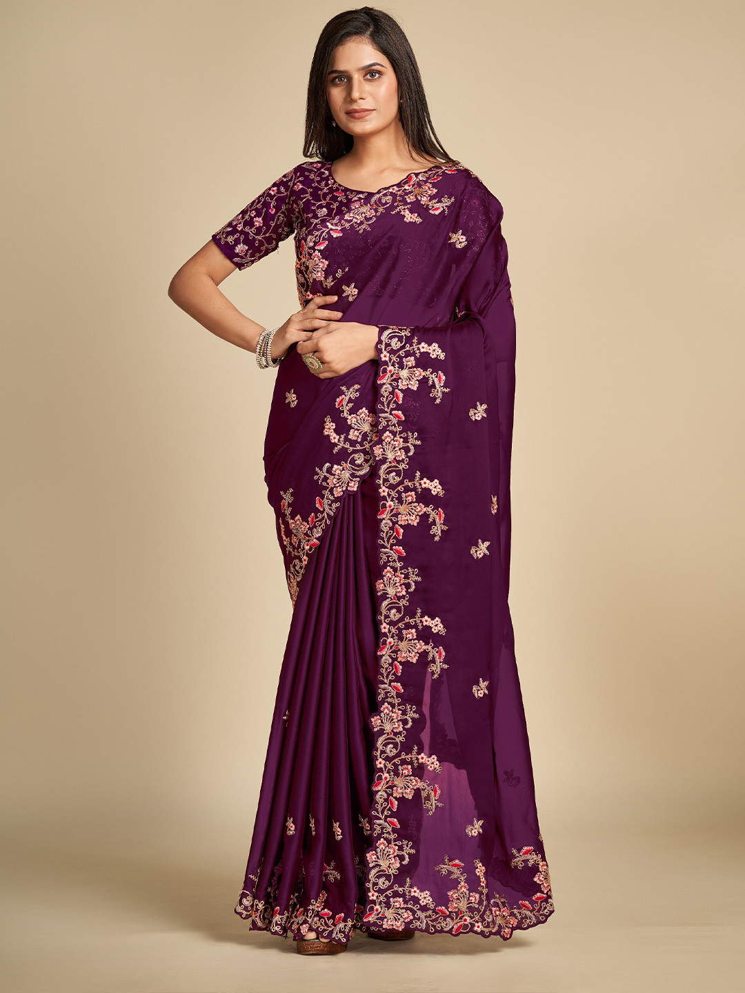 

Trendmalls Ethnic Motifs Embroidered Pure Silk Saree, Purple