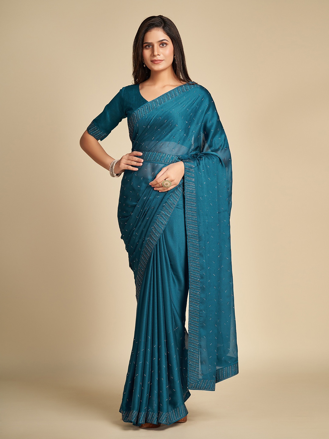

Trendmalls Beads and Stones Embellished Saree, Teal