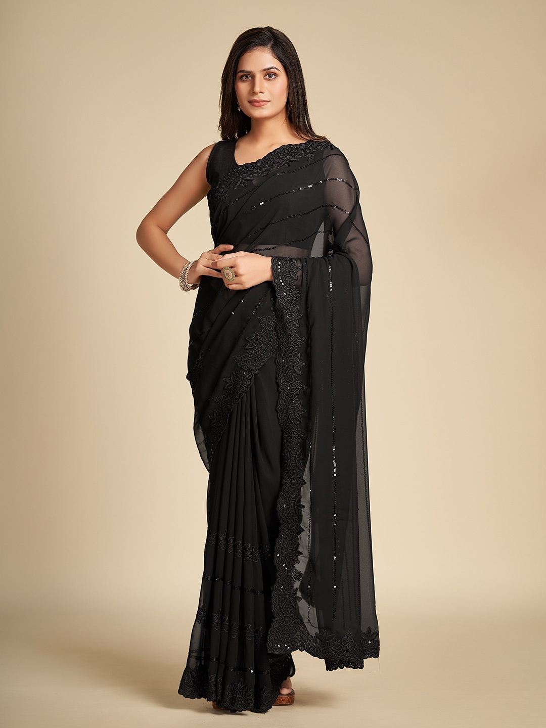 

Trendmalls Embroidered Sequinned Pure Georgette Saree, Black