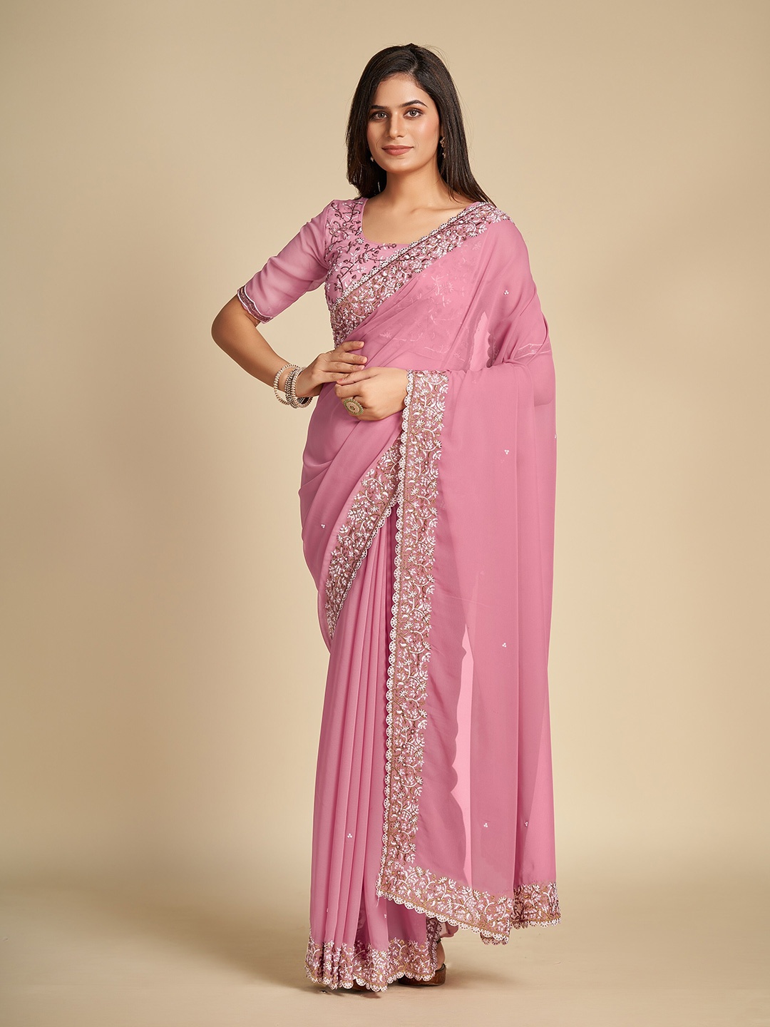 

Trendmalls Embroidered Pure Georgette Saree, Pink