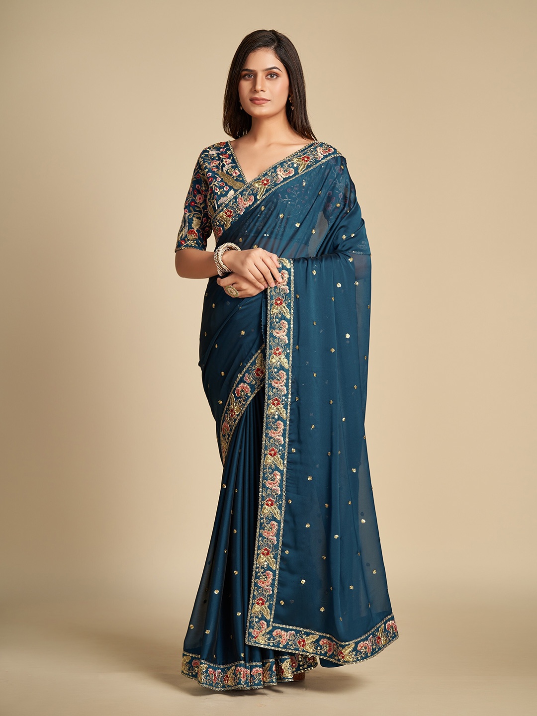 

Trendmalls Sequin Embroidered Pure Silk Saree, Teal