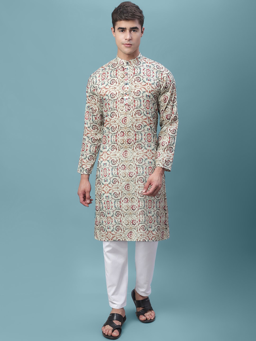 

7Threads Men Ethnic Motifs Printed Mandarin Collar Kurta, Beige