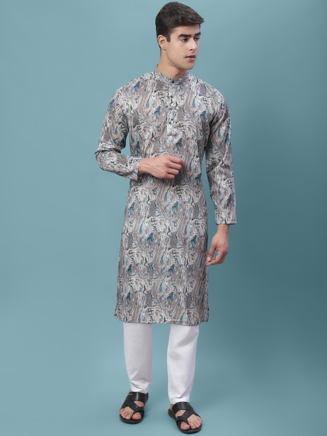 

7Threads Men Printed Mandarin Collar Kurta, Grey
