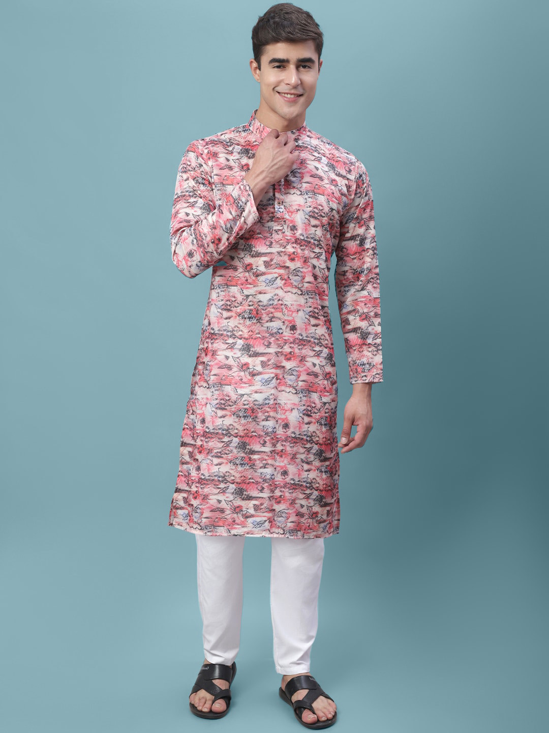 

7Threads Men Printed Mandarin Collar Kurta, Pink