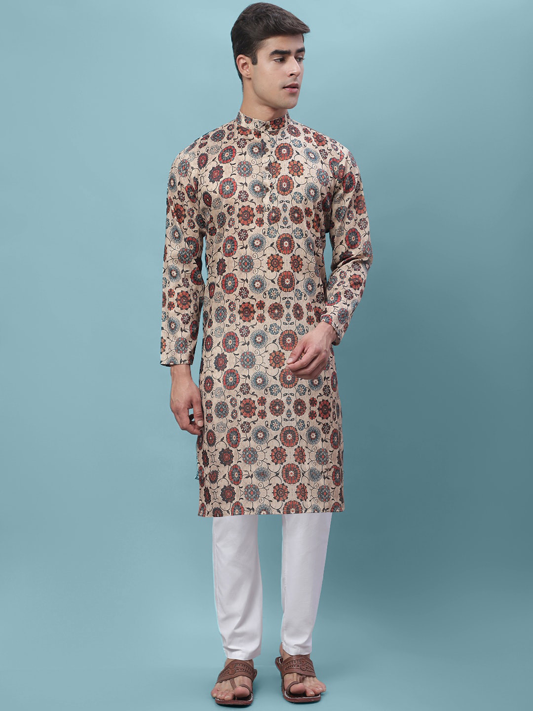 

7Threads Floral Printed Band Collar Regular Kurta, Brown