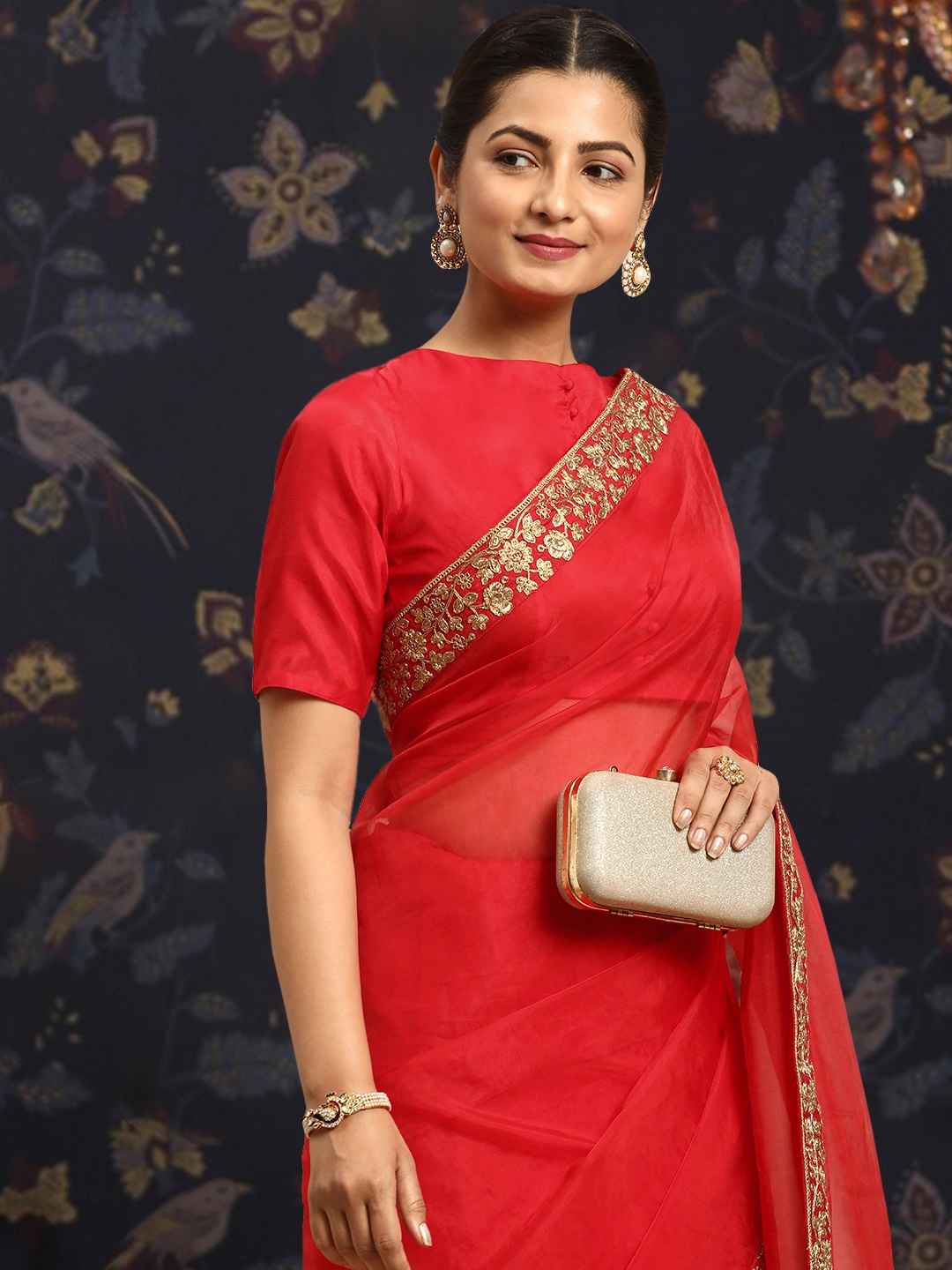 

House of Pataudi Embroidered Organza Saree, Red