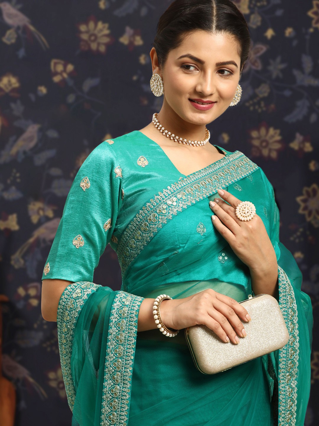 

House of Pataudi Embroidered Net Saree, Green