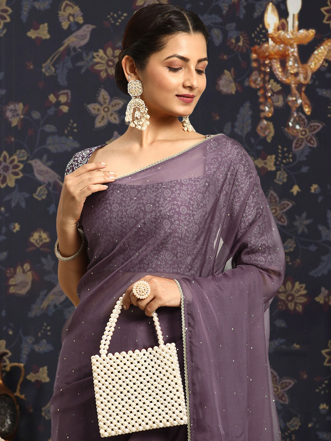 

House of Pataudi Embellished Mukaish Organza Saree, Mauve