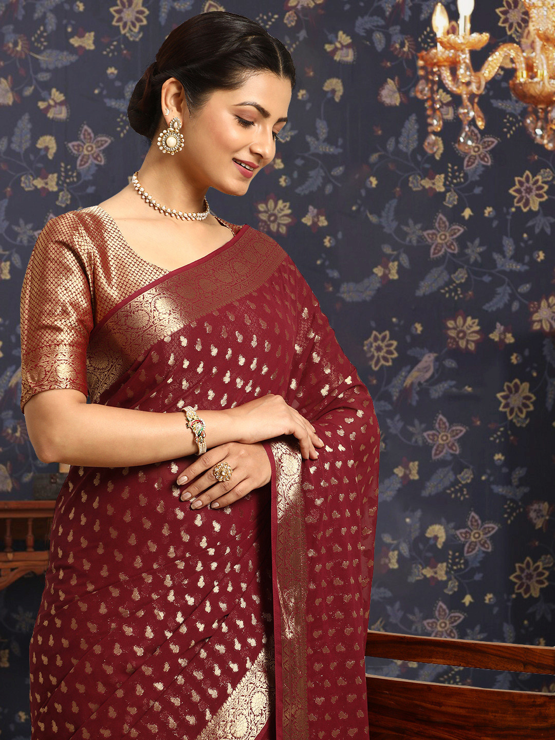

House of Pataudi Ethnic Motifs Woven Design Zari Saree, Maroon