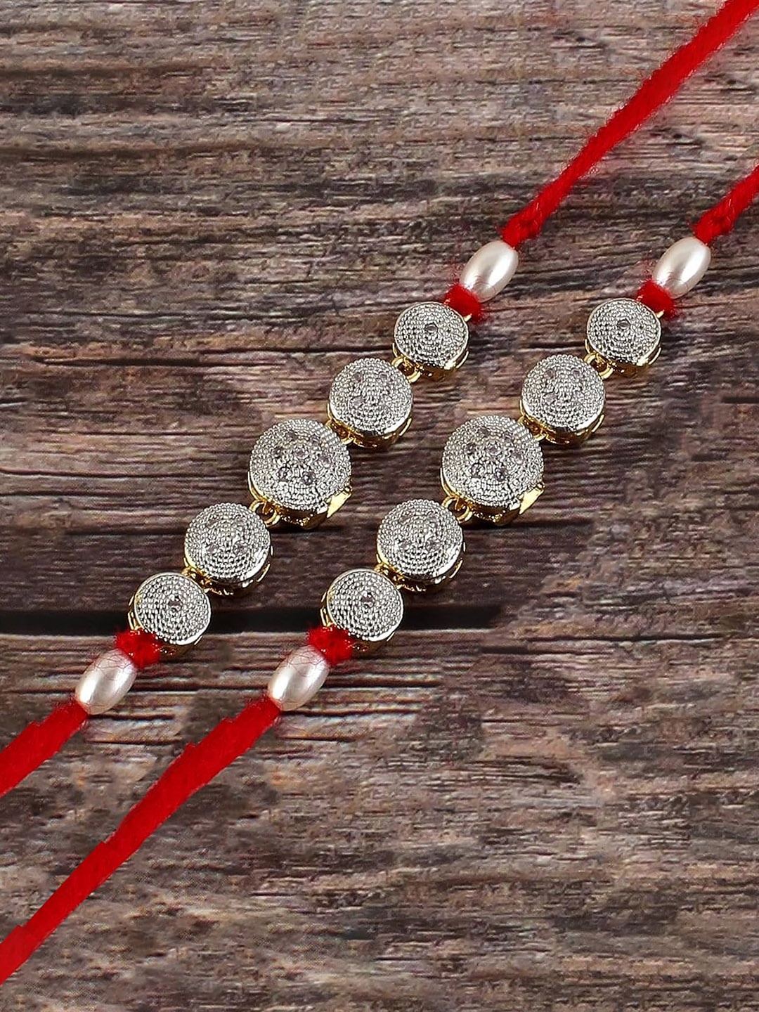

LUCKY JEWELLERY Set Of 2 AD-Studded Rakhis With Roli Chawal, White