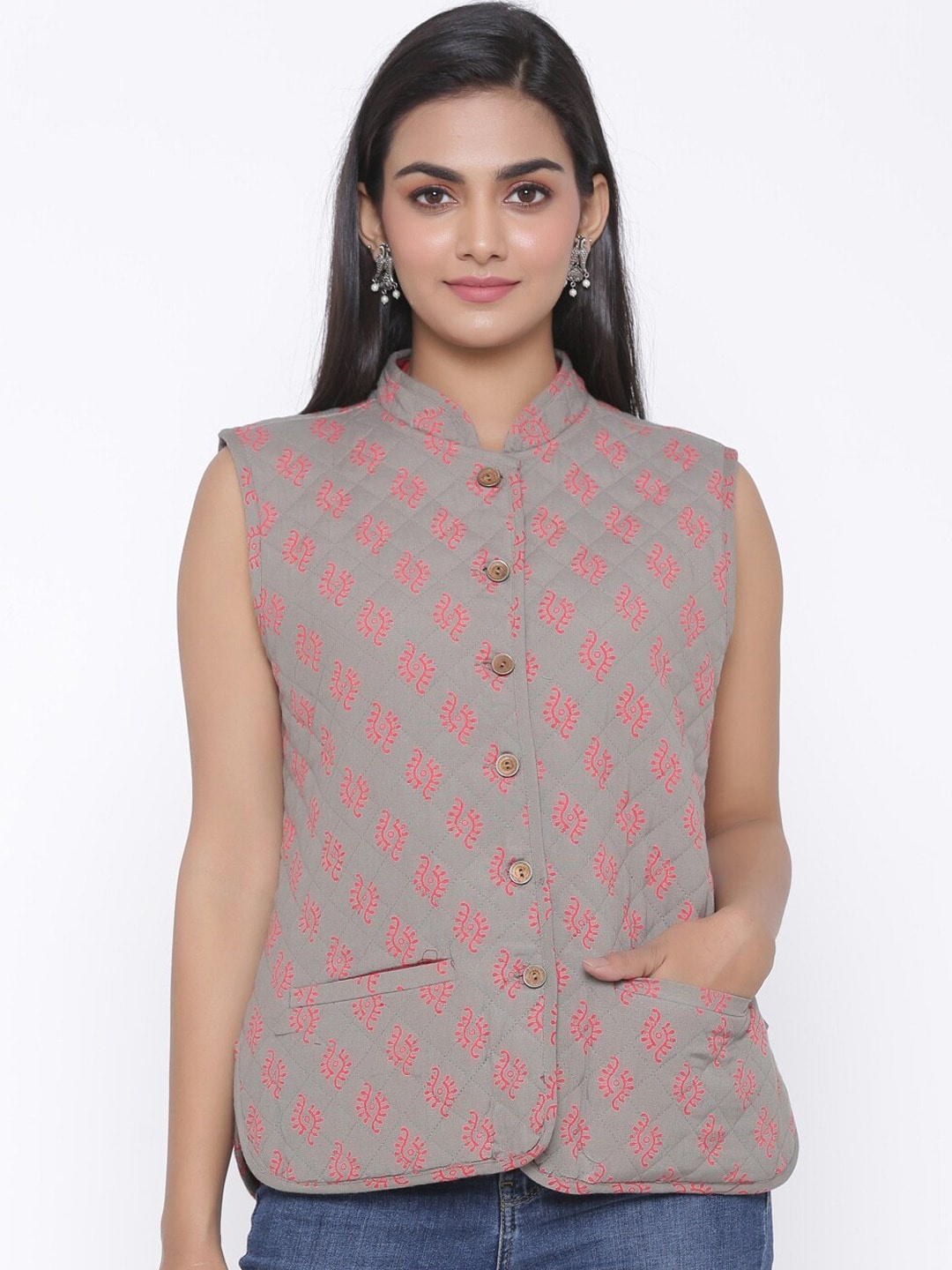 

SUTI Ethnic Motifs Printed Mandarin Collar Nehru Jacket, Maroon