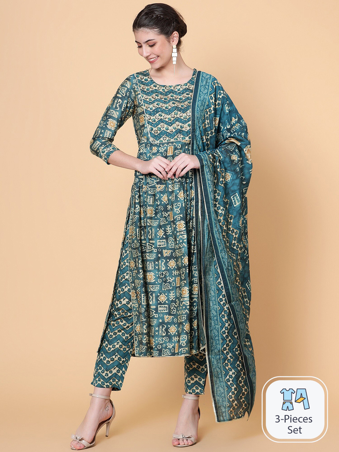 

Bani Women Ethnic Motifs Printed Pleated Thread Work Chanderi Silk Kurta Set With Dupatta, Teal