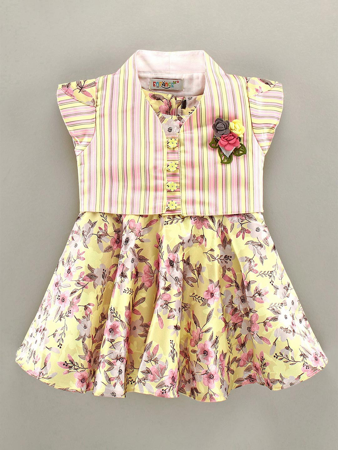 

Enfance Girls Floral Printed Round Neck Tie-Ups Fit & Flare Dress With Shrug, Yellow