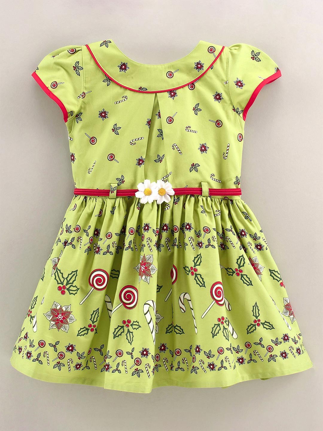

Enfance Girls Conversational Printed Gathered & Pleated Puff Sleeves A-Line Dress, Green