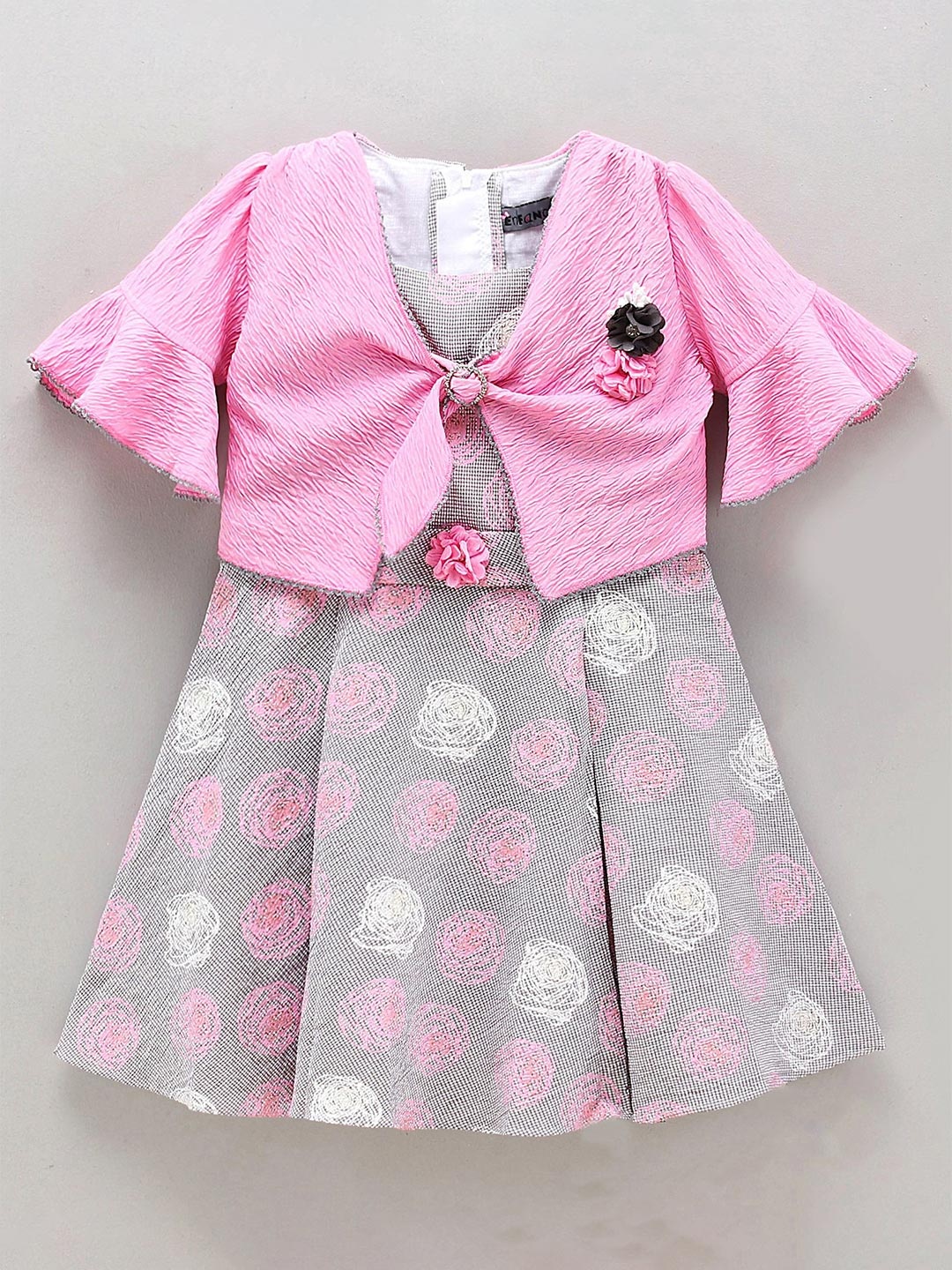 

Enfance Girls Floral Printed Tie-Ups Pleated A-Line Dress, Grey