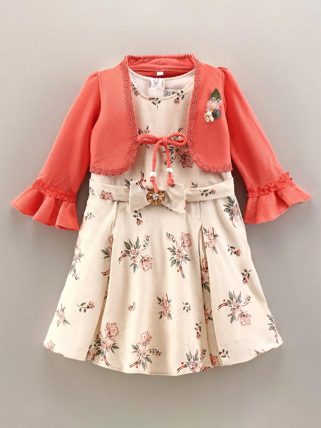 

Enfance Girls Floral Printed Tie-Ups Bow Gathered & Pleated A-Line Dress, Cream