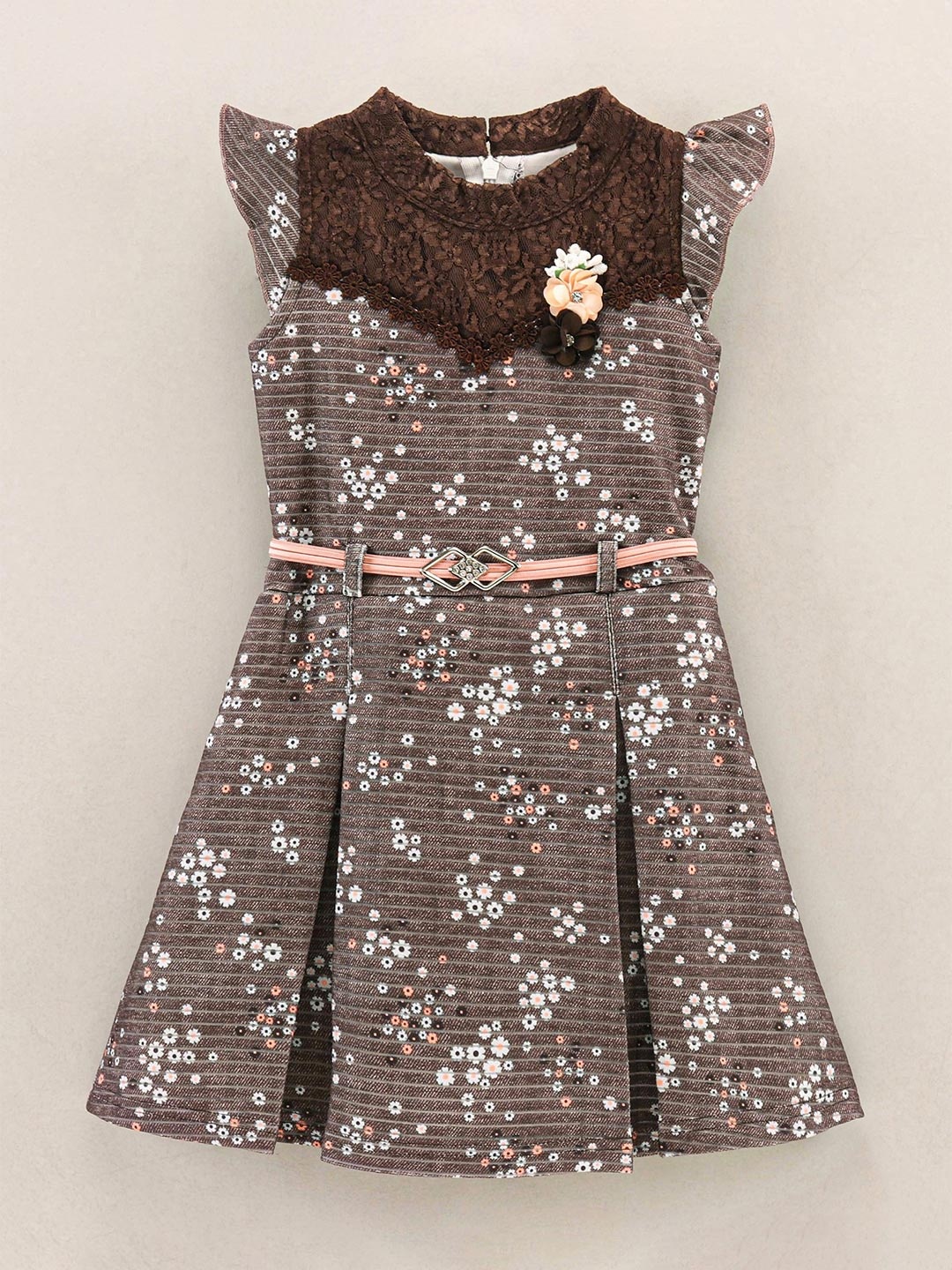 

Enfance Girls Printed A-Line Dress With Lace Inserted, Brown