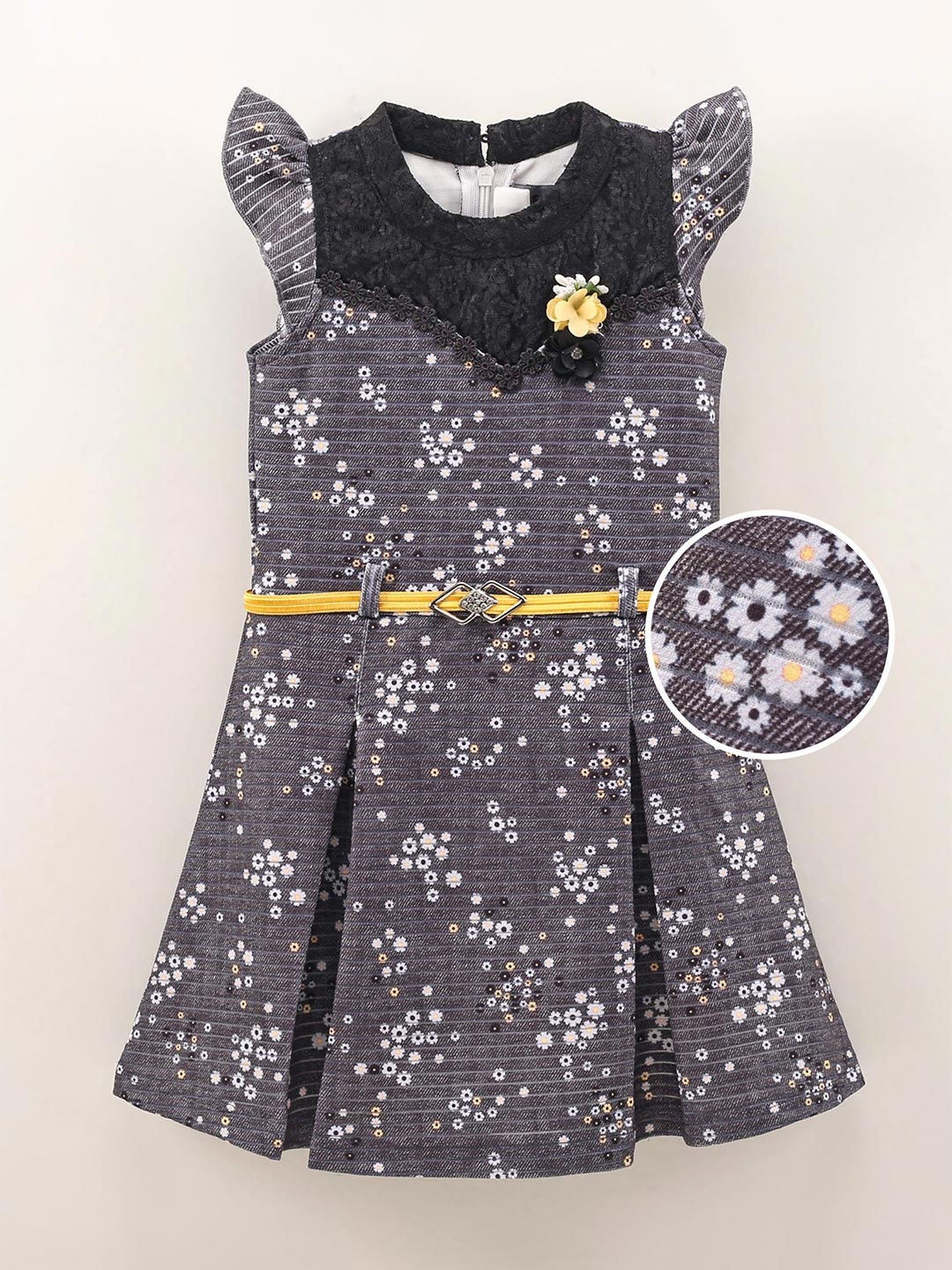 

Enfance Girls Floral Printed Belted Pleated A-Line Dress, Grey