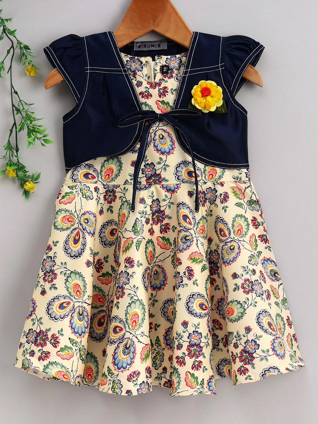 

Enfance Girls Ethnic Motif Printed Tie-Ups Pleated A-Line Dress, Yellow