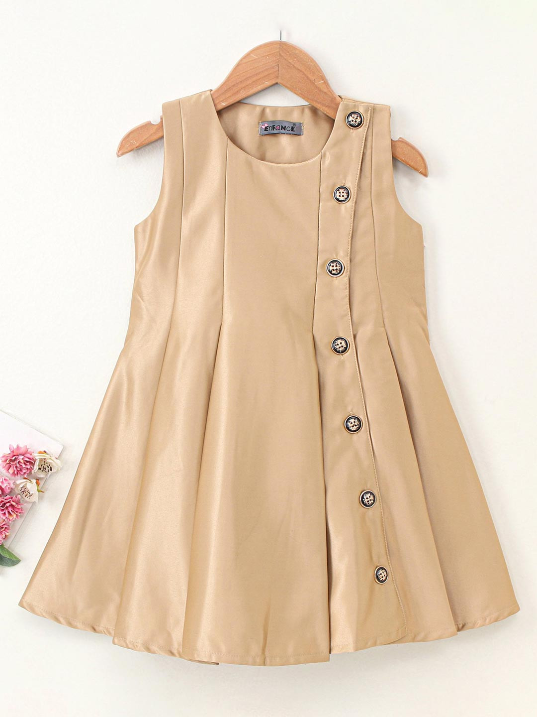 

Enfance Girls Round Neck A-Line Dress, Khaki