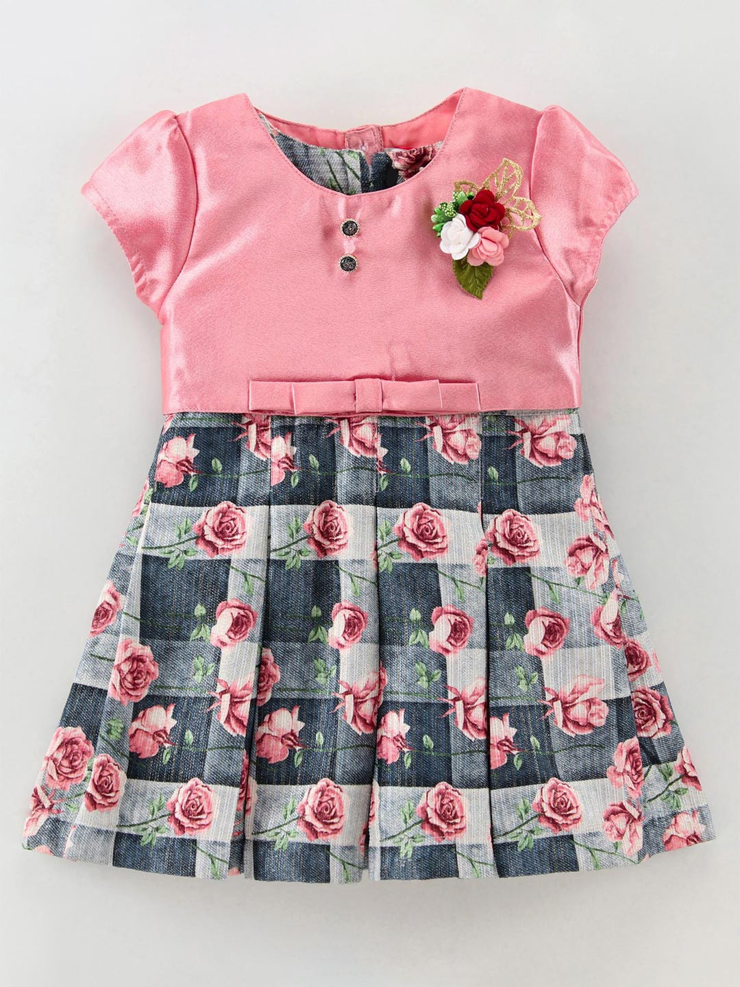 

Enfance Girls Floral Printed Tie-Ups Gathered & Pleated A-Line Dress, Grey