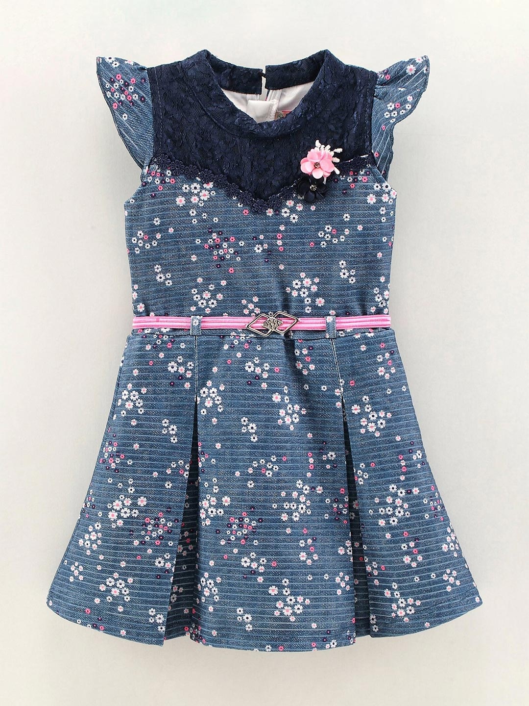 

Enfance Girls Floral Printed Cap Sleeves Lace Inserts Fit & Flare Dress, Navy blue