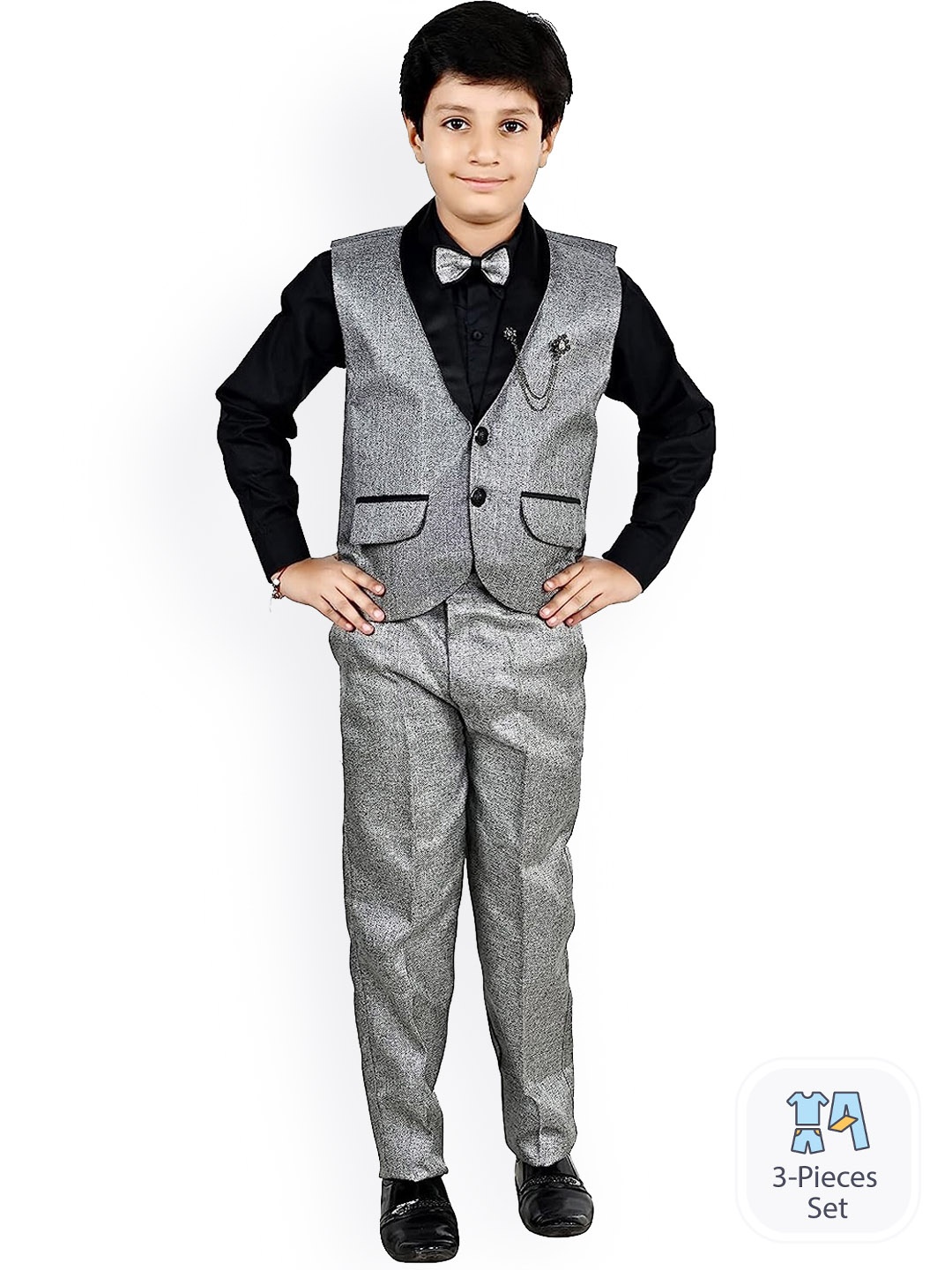 

BAESD Boys Printed Single-Breasted Shirt with Trousers And Waistcoat, Grey