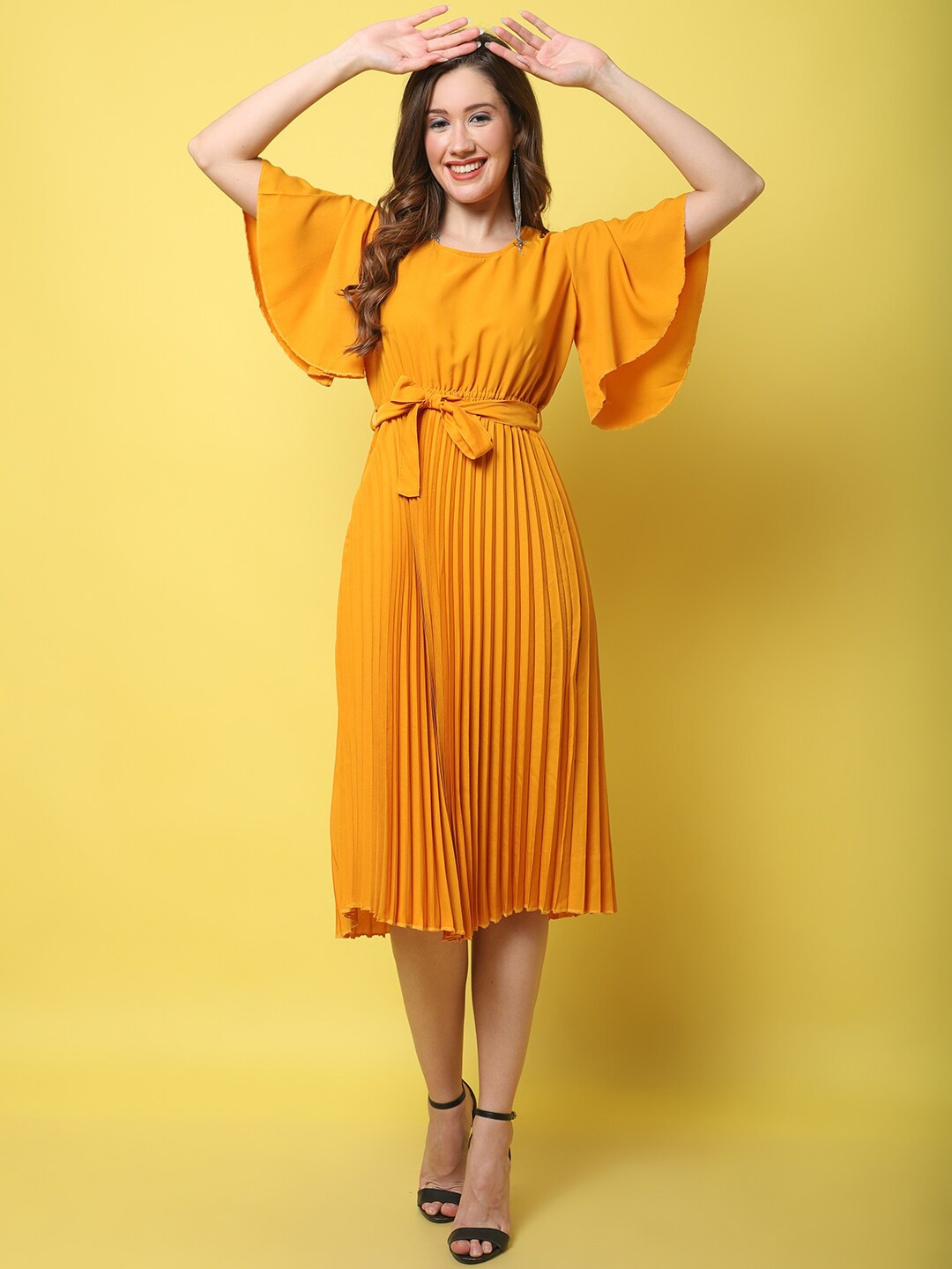

BAESD Belt Detailed Accordion Pleated Flared Sleeve Fit & Flare Dress, Mustard