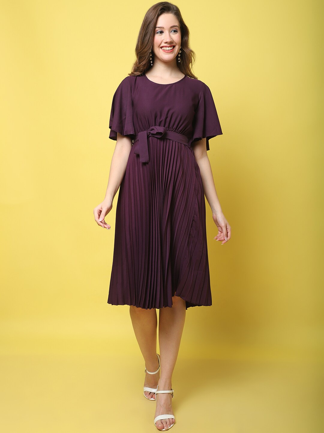 

BAESD Belt Detailed Accordion Pleated Flared Sleeve Fit & Flare Dress, Purple