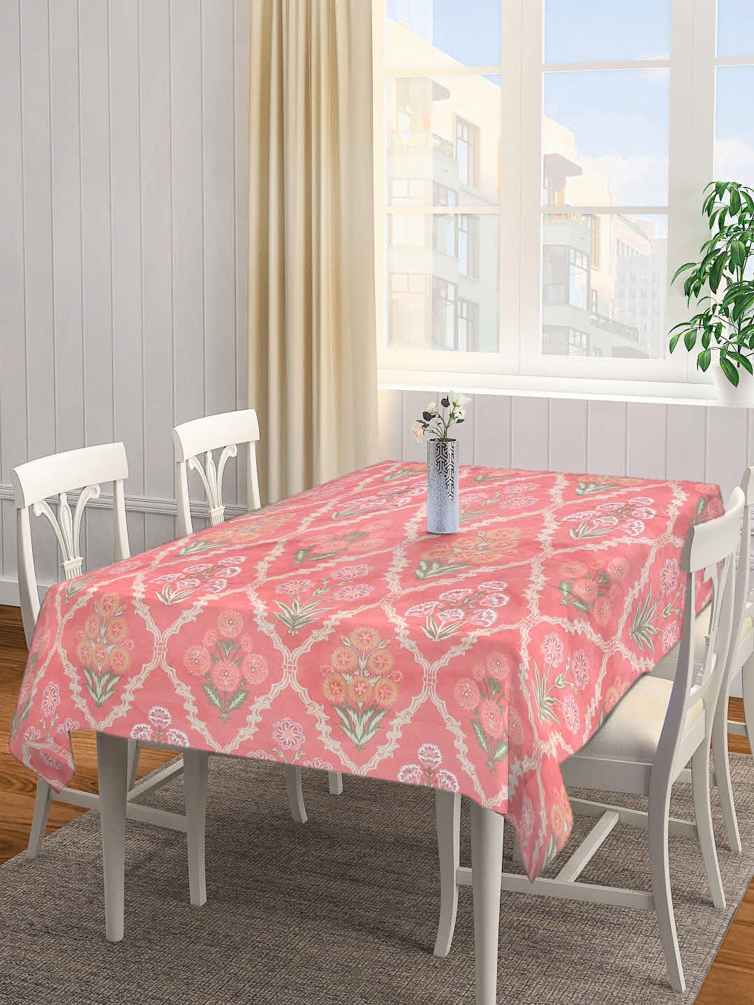 

FABINALIV Peach-Colored Printed 300 TC 6-Seater Table Cover