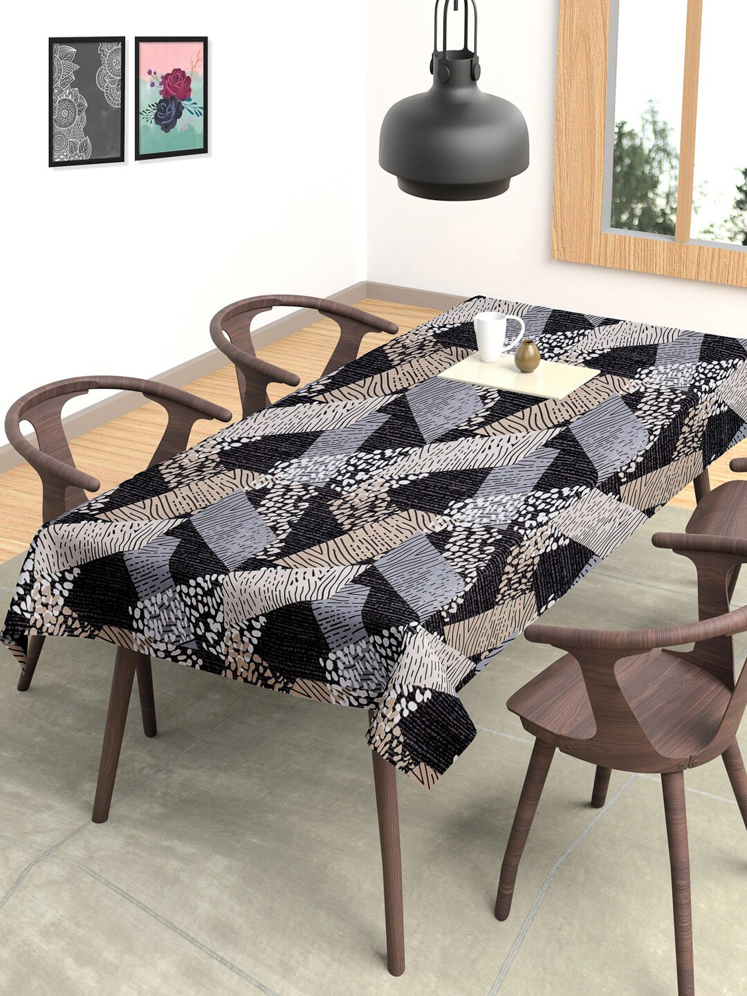 

FABINALIV Black & Brown Printed 300 TC 6-Seater Table Cover