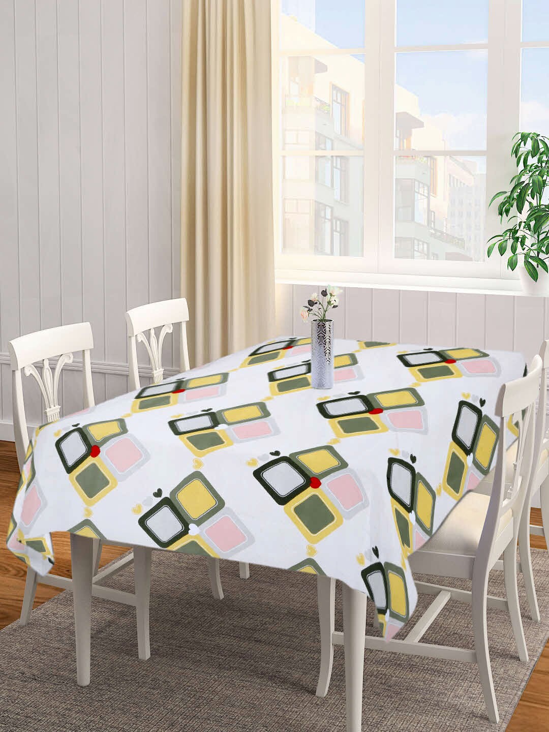 

FABINALIV White & Green Printed 300 TC 6-Seater Table Cover