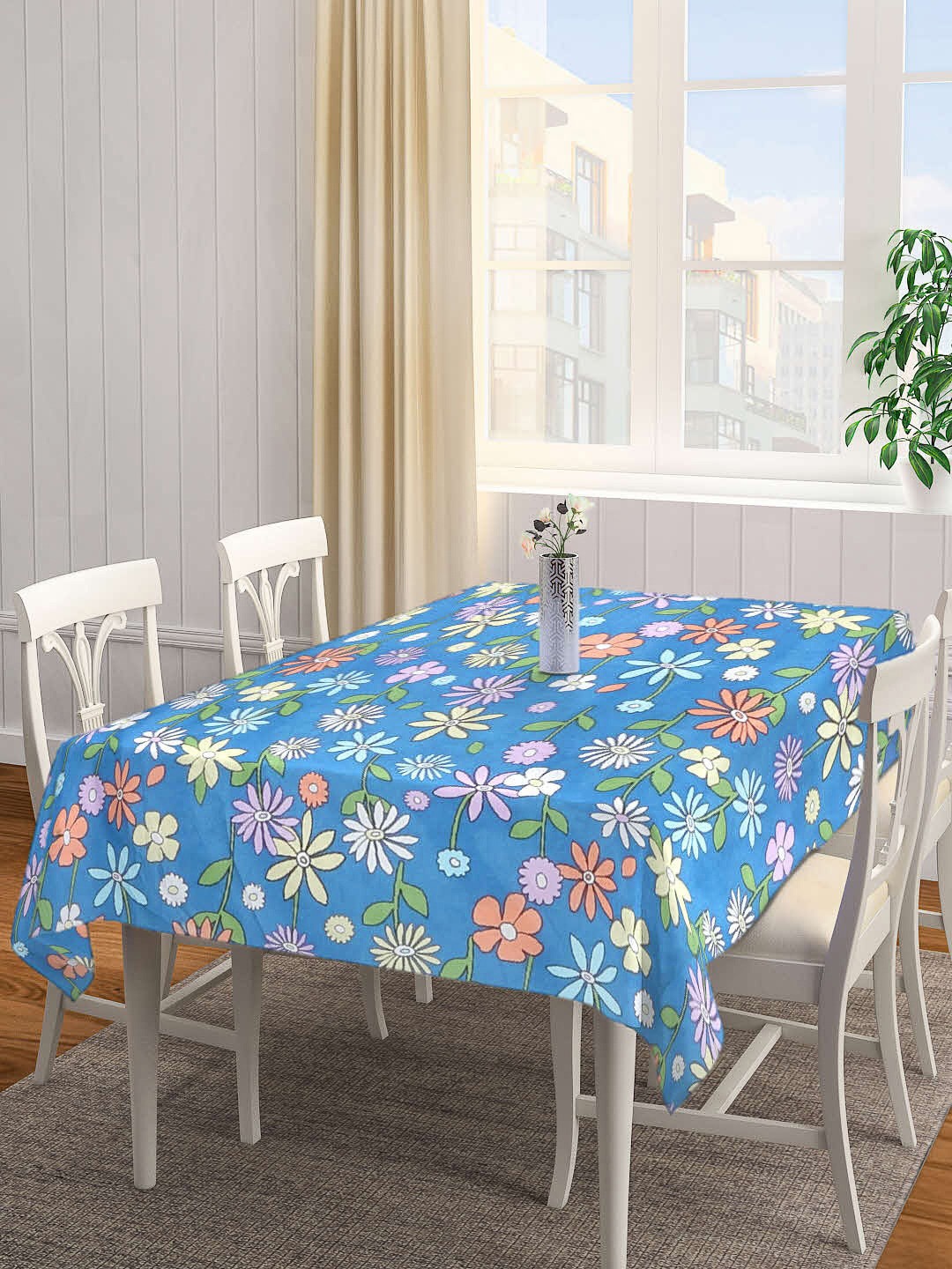 

FABINALIV Blue & White Printed 300 TC 6-Seater Table Cover