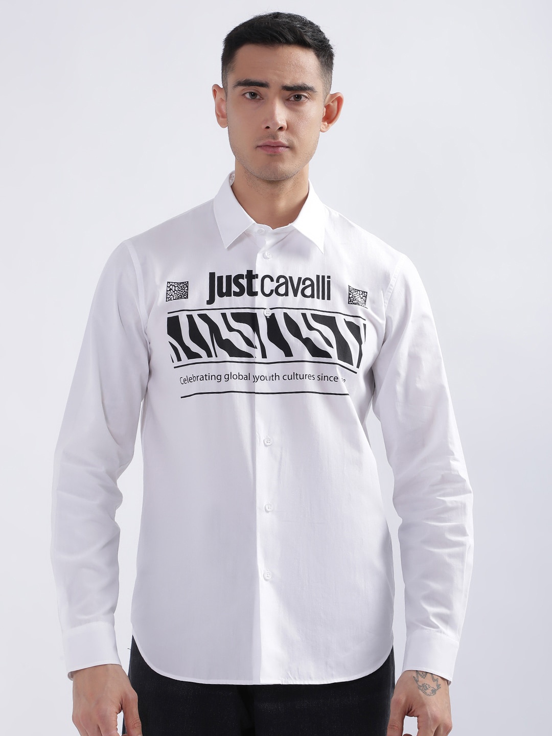

Just Cavalli Slim Fit Typography Printed Pure Cotton Casual Shirt, White