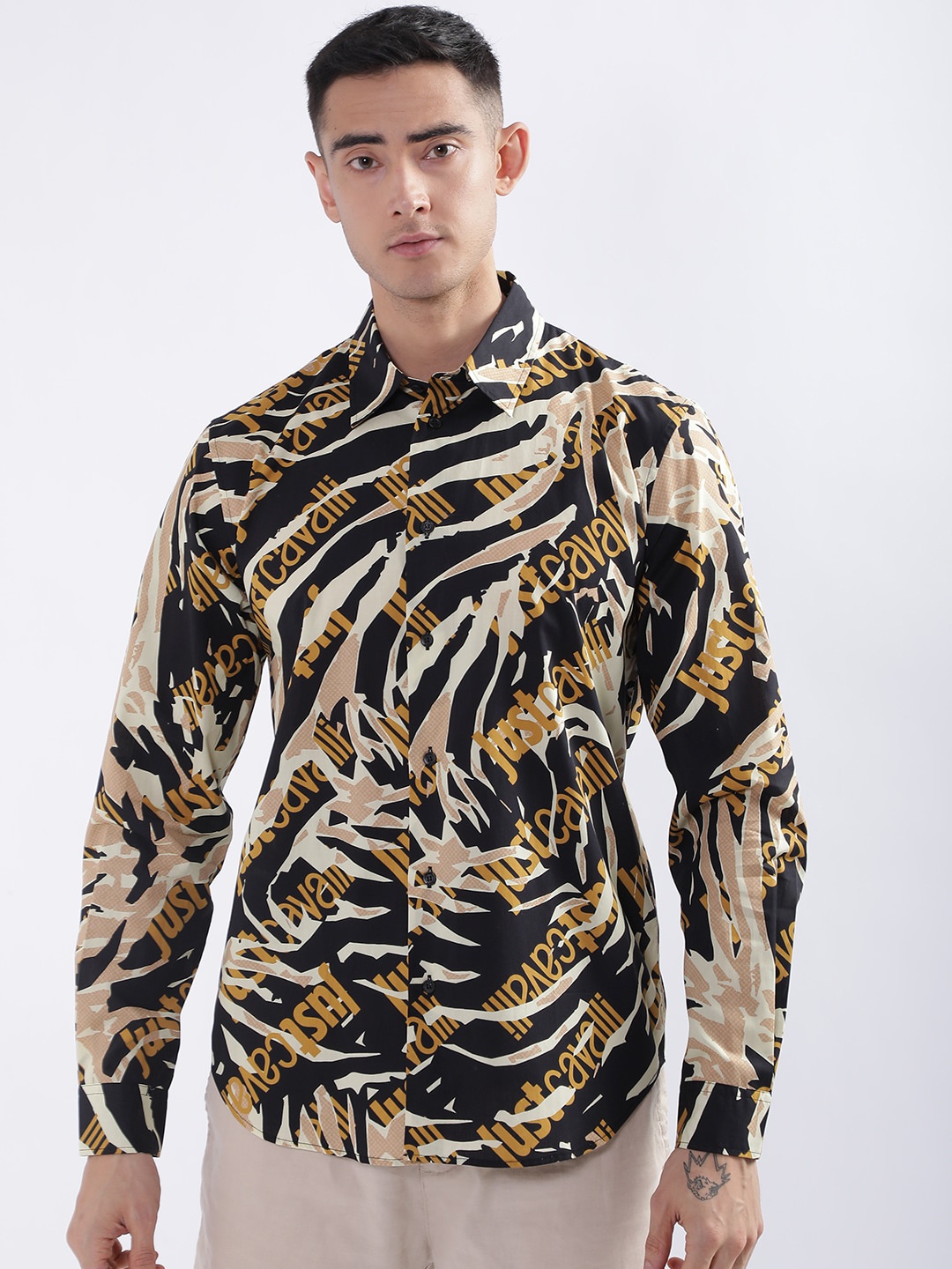 

Just Cavalli Slim Fit Typography Printed Pure Cotton Casual Shirt, Black