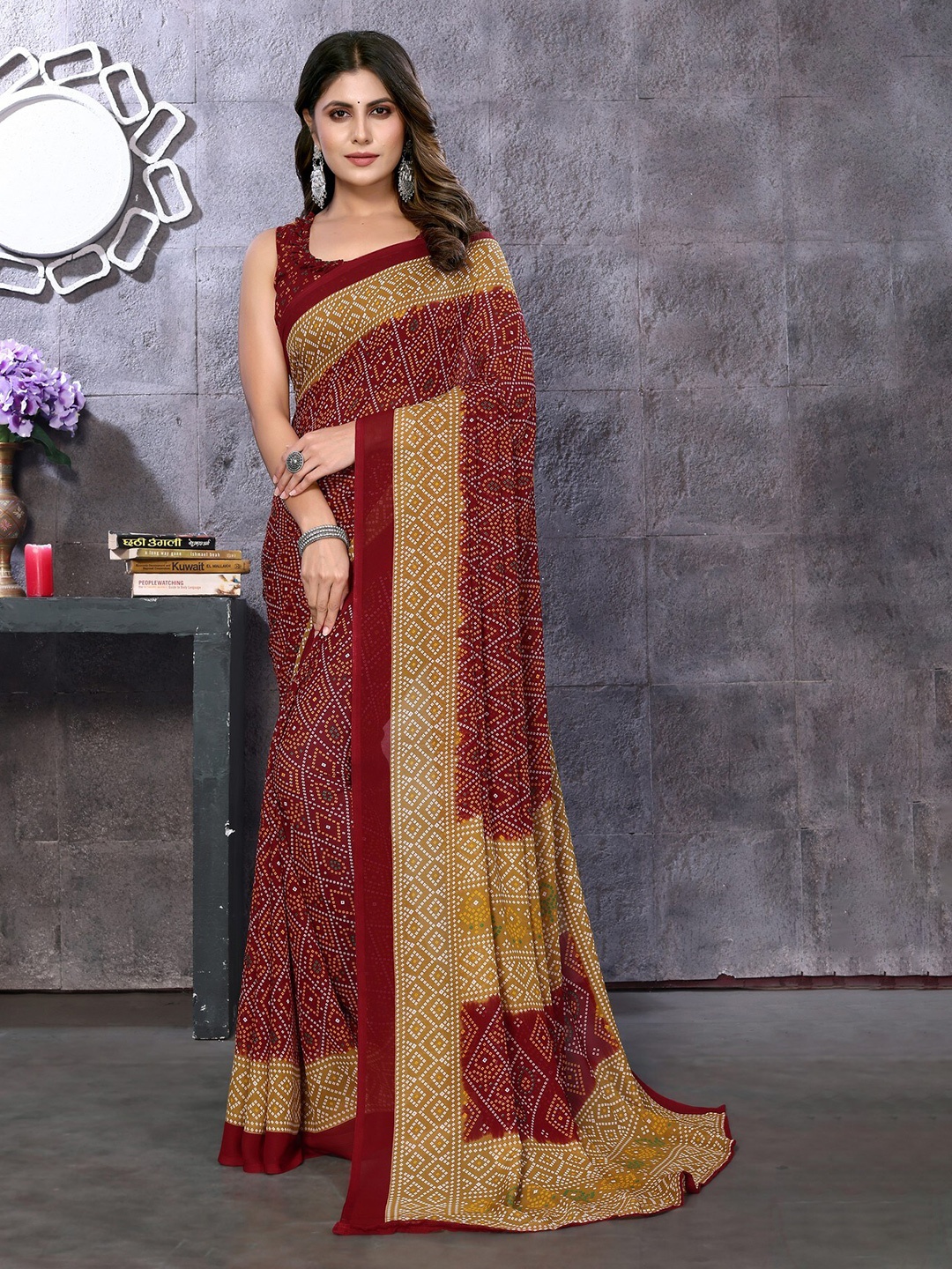 

KALINI Bandhani Printed Poly Georgette Saree, Maroon