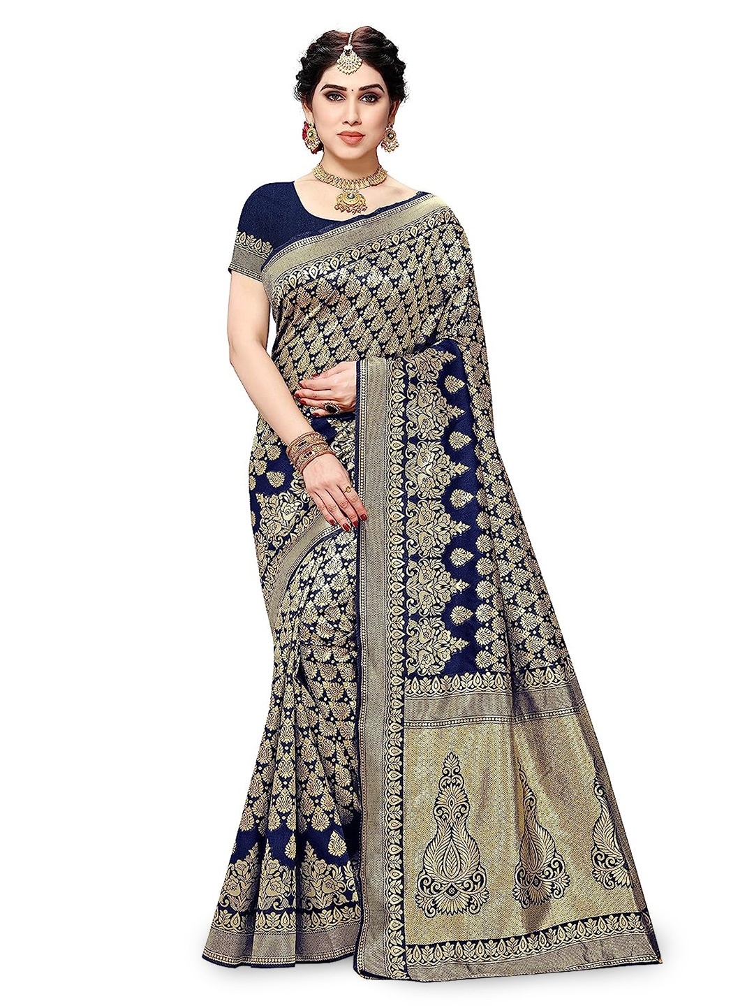 

KALINI Ethnic Woven Design Zari Silk Cotton Banarasi Saree, Navy blue