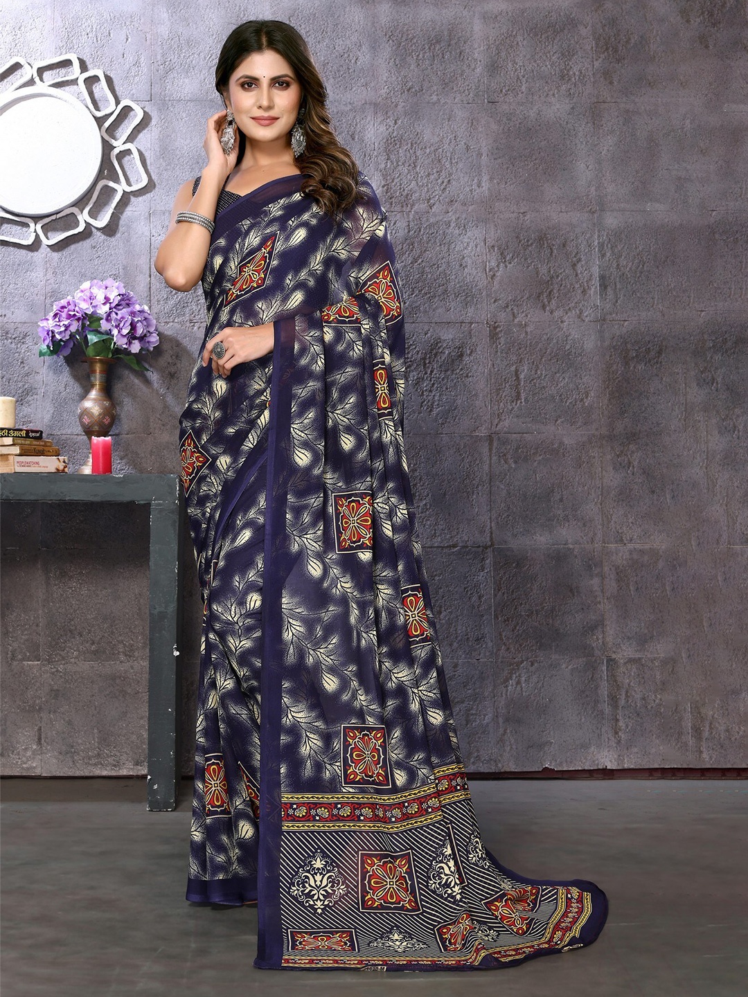 

KALINI Floral Printed Saree, Navy blue