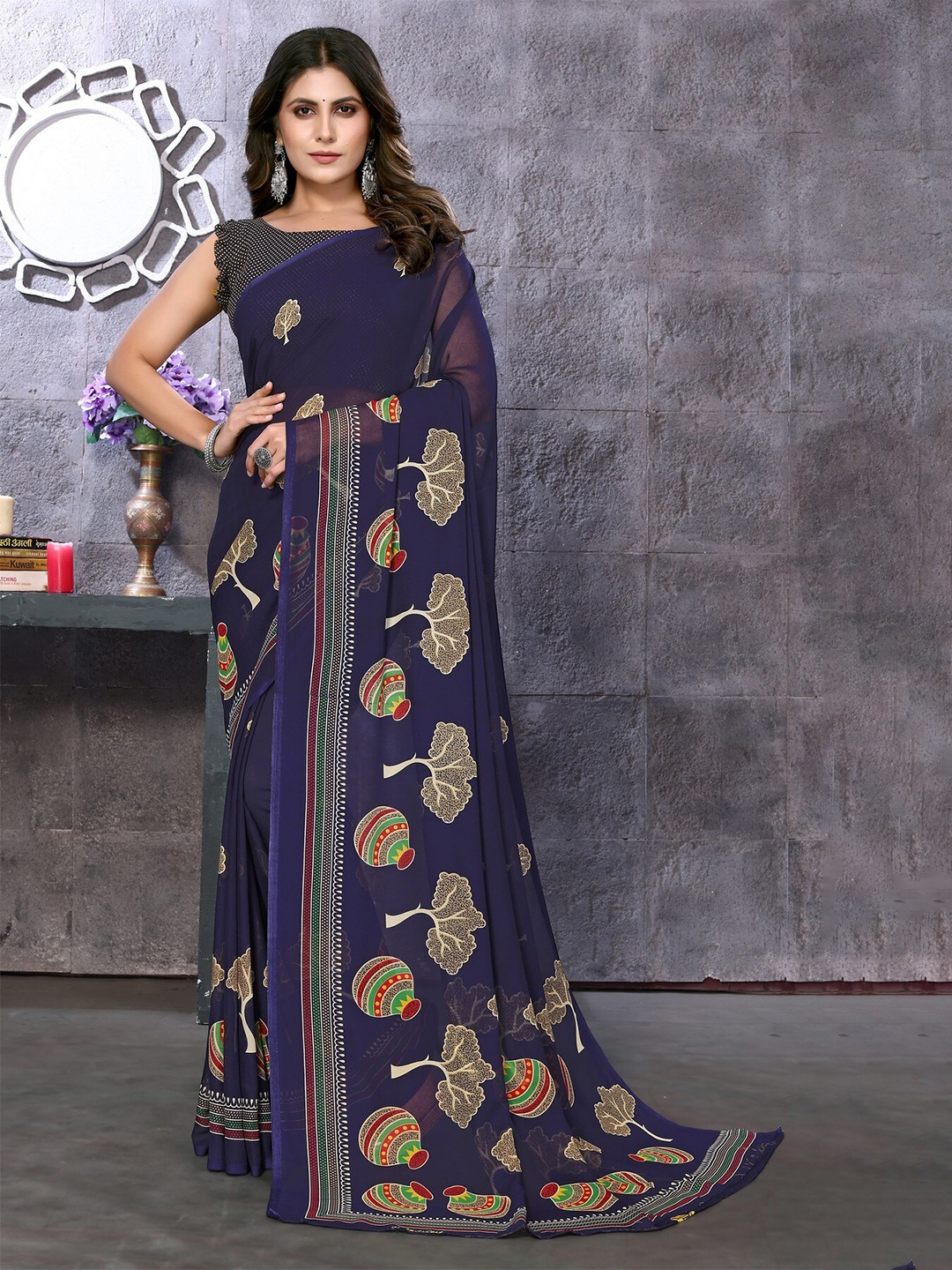 

KALINI Ethnic Motifs Printed Saree, Navy blue