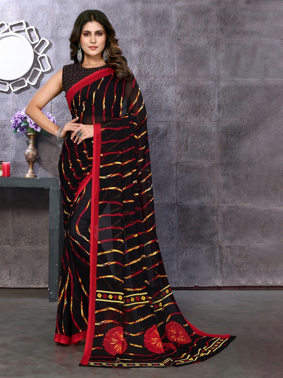 

KALINI Leheriya Printed Saree, Black
