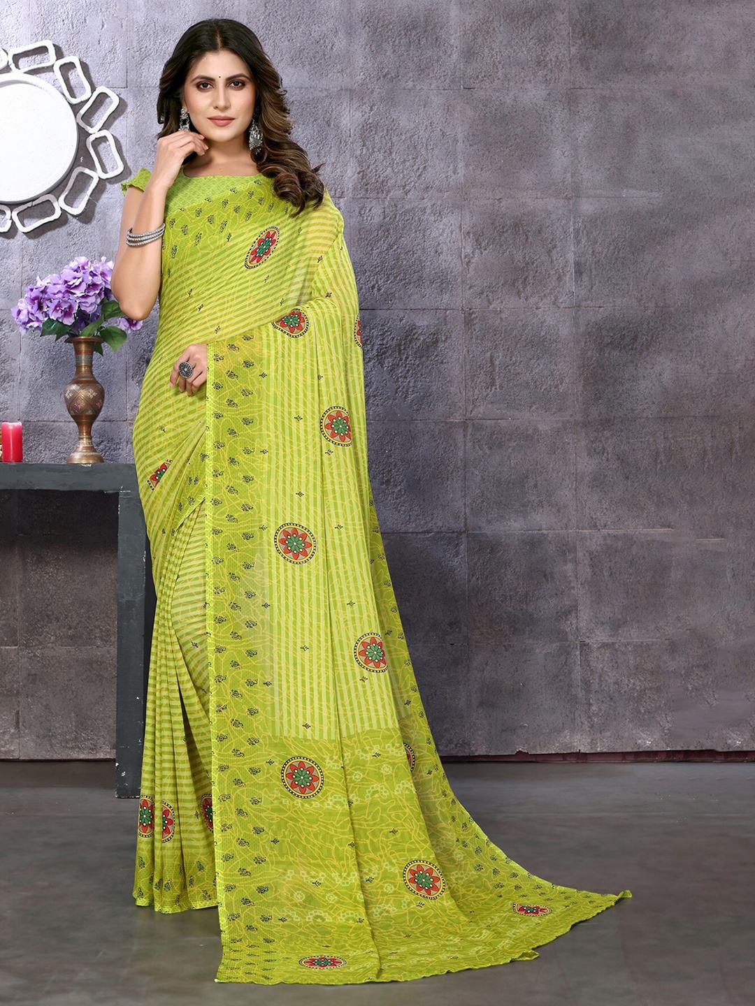 

KALINI Floral Printed Poly Georgette Leheriya Saree, Green