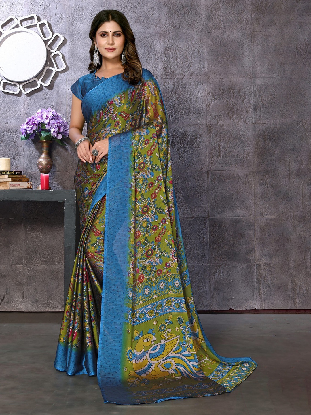 

KALINI Floral Printed Saree, Teal