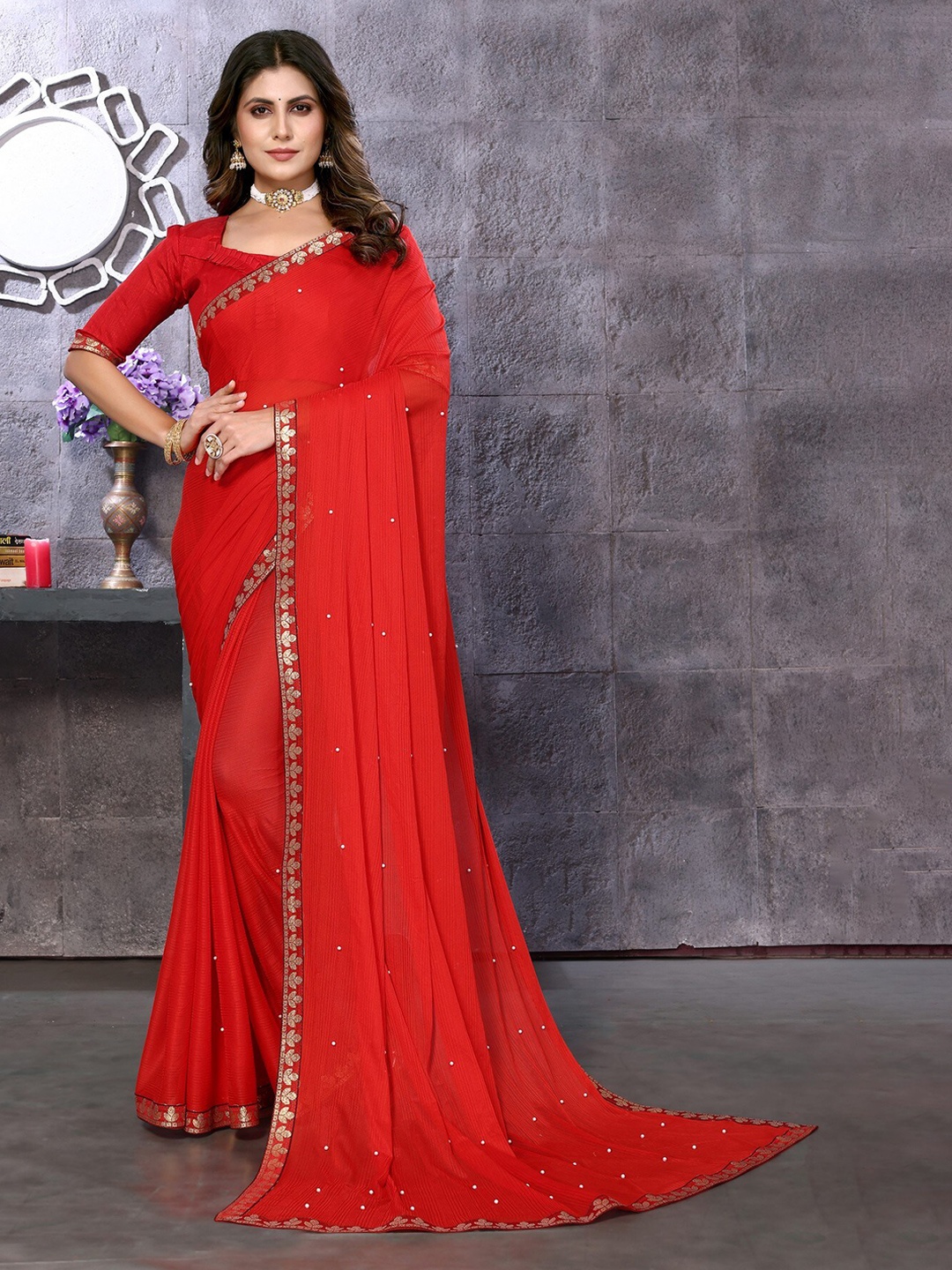 

KALINI Embellished Beads & Stones Zari Saree, Red