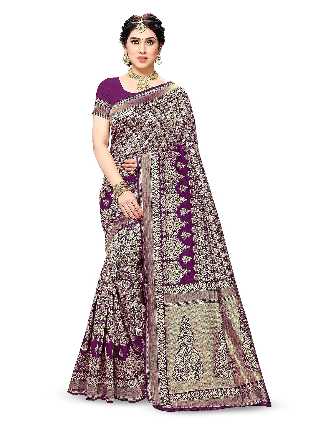 

KALINI Ethnic Motifs Woven Design Zari Silk Cotton Banarasi Saree, Purple