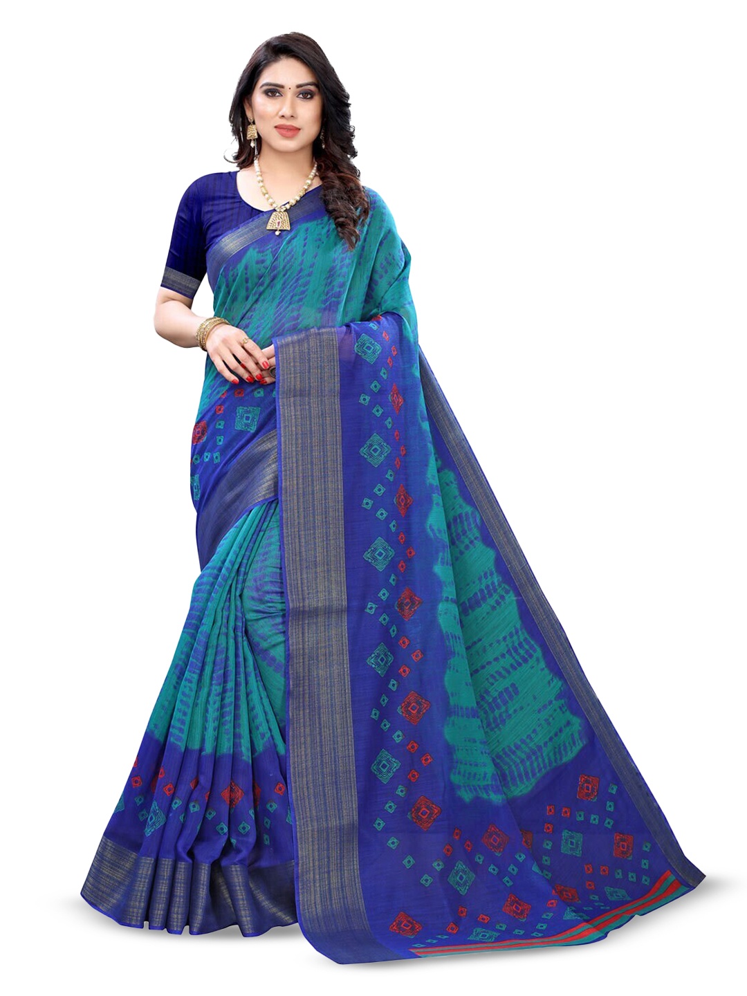 

KALINI Bandhani Printed Zari Leheriya Saree, Blue