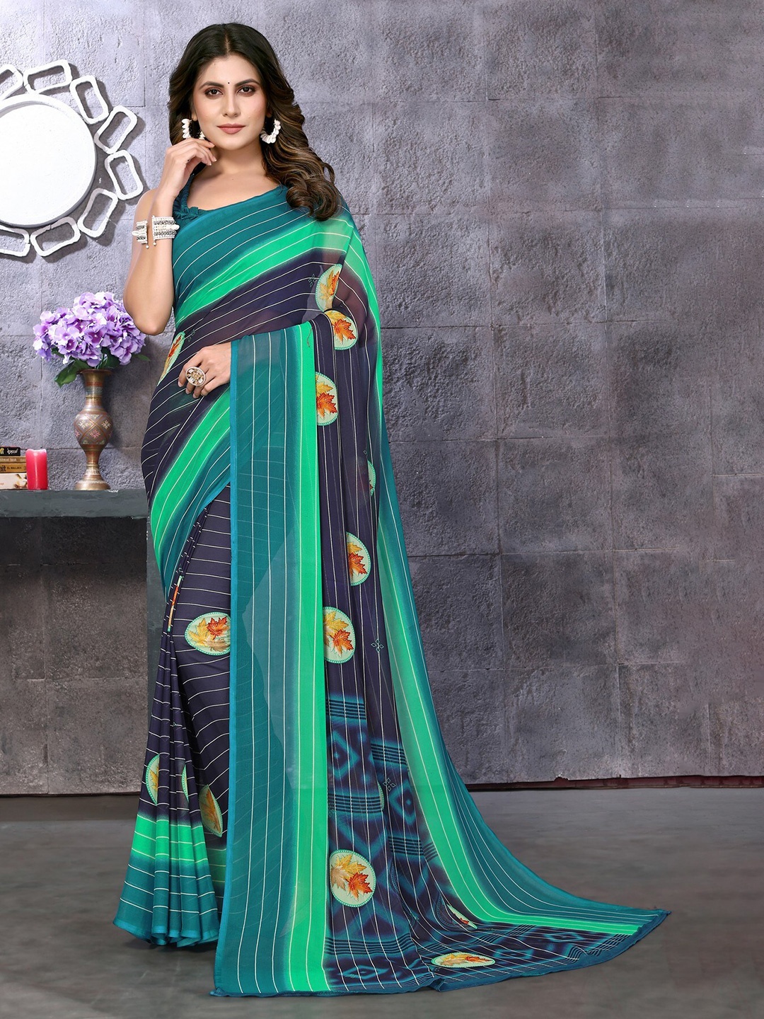 

KALINI Floral Printed Saree, Teal
