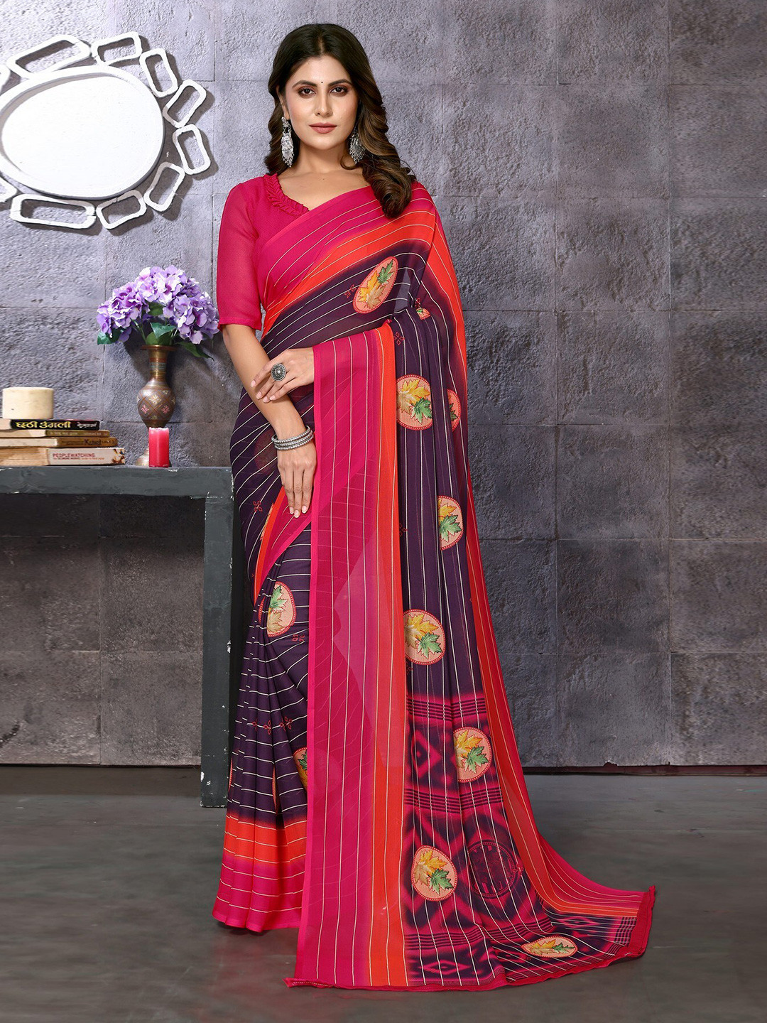 

KALINI Leaf Printed Poly Georgette Saree, Pink
