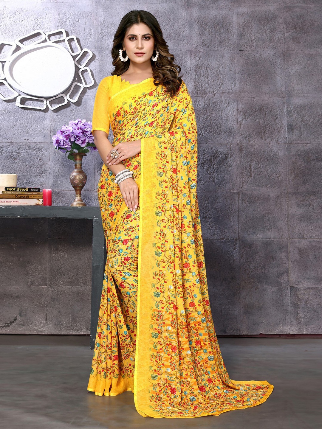 

KALINI Floral Printed Georgette Leheriya Saree, Yellow